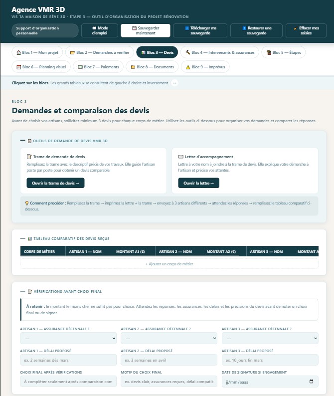 Vue d'ensemble de l'outil - navigation par 9 blocs, comparaison de devis et outils inclus